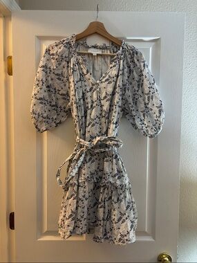 Cleobella Cream and Navy Floral Puff-Sleeve Mini Dress